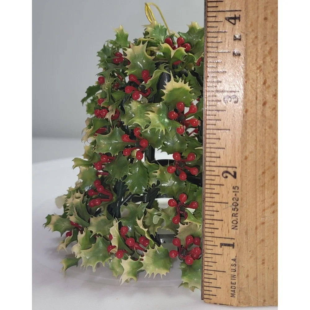 Christmas Bell Plastic Ornament Green Holly Berry Vintage Style